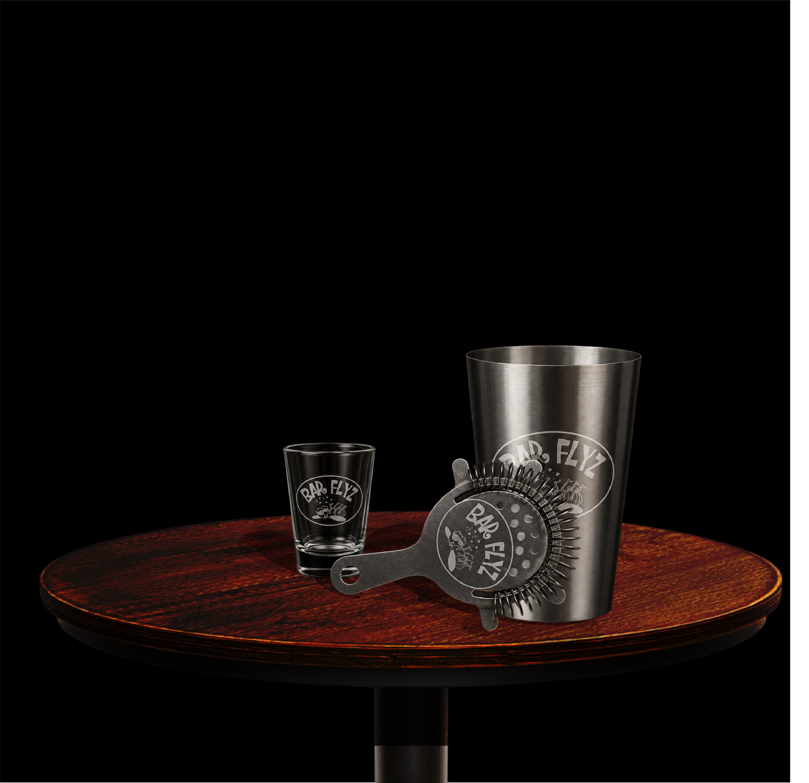 BarFlyz cocktail tins, strainer and shot glass