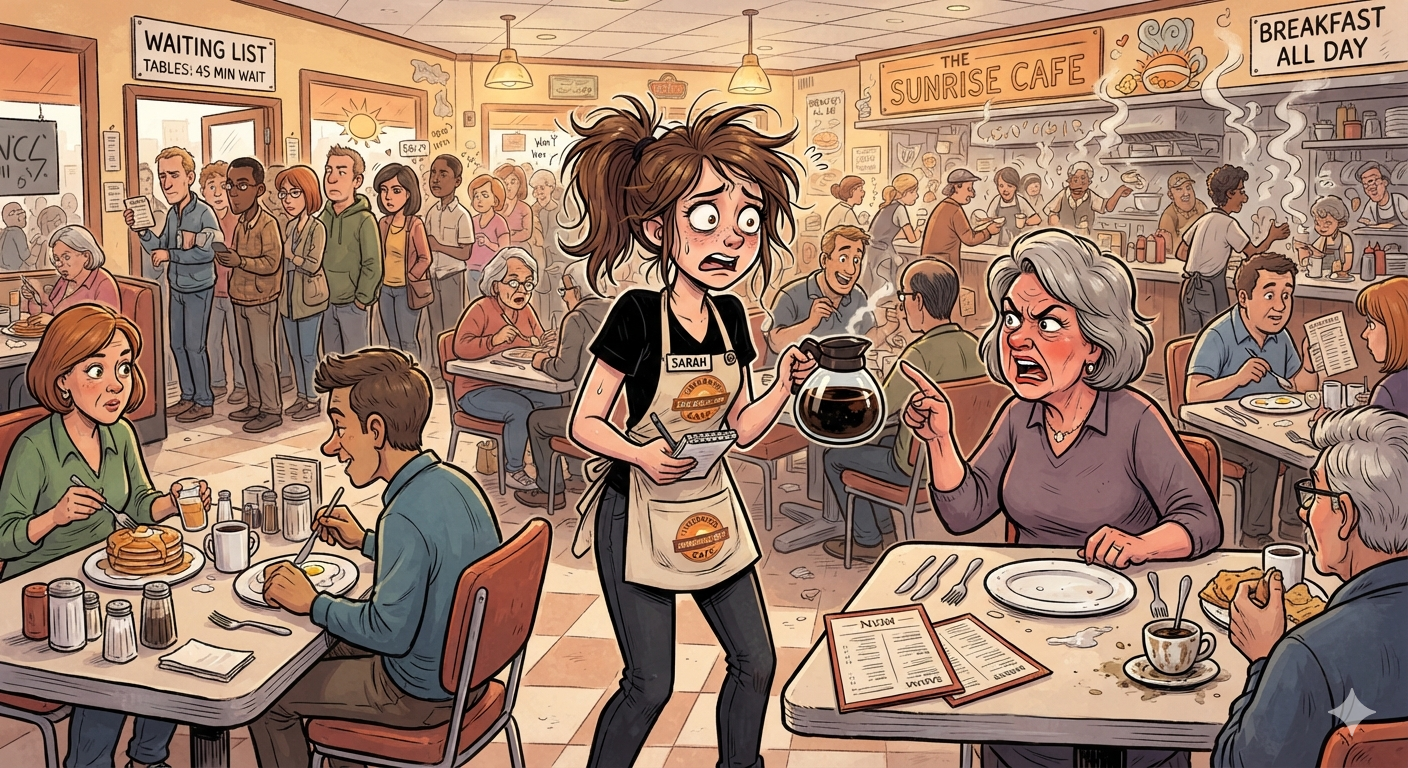 A frazzled server holding a coffee pot in a packed breakfast caf&eacute; while an angry guest points at her, a 45-minute waiting list behind them
